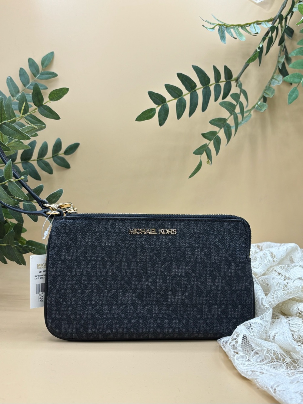 NWT Michael Kors Black Logo Zip Wristlet with Gold Hardware